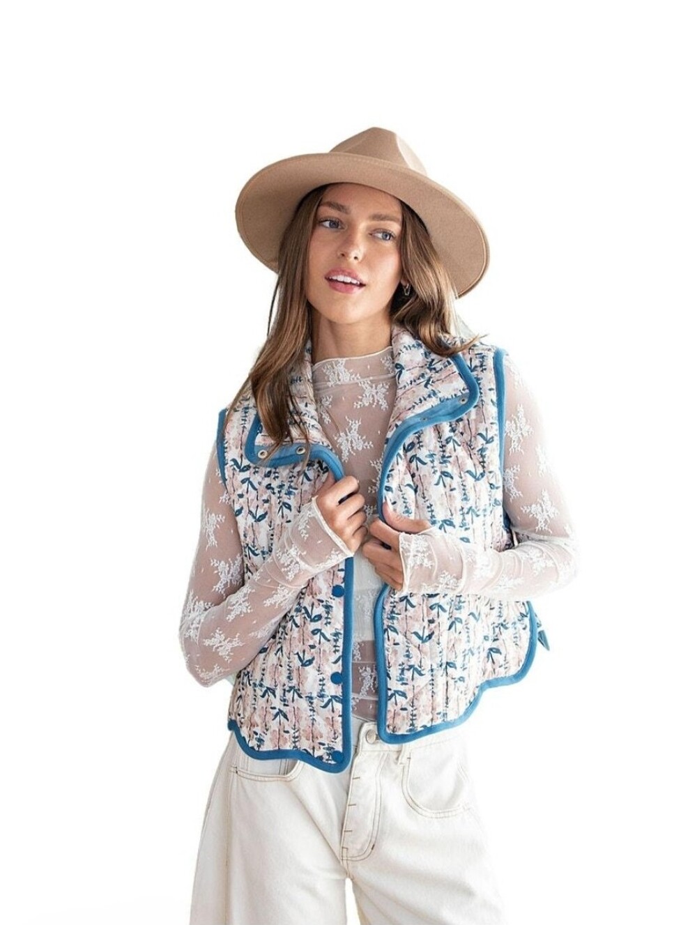 Eesome Pastel Floral Quilted Cotton Cozy Vest with Turquoise Trim Size Large